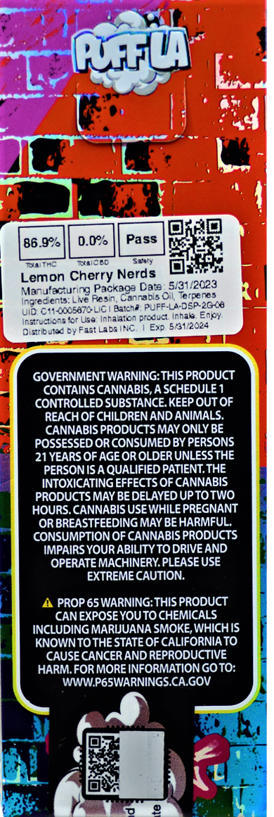 Puff LA 2 gram Disposable Vape - Lemon Cherry Nerdz